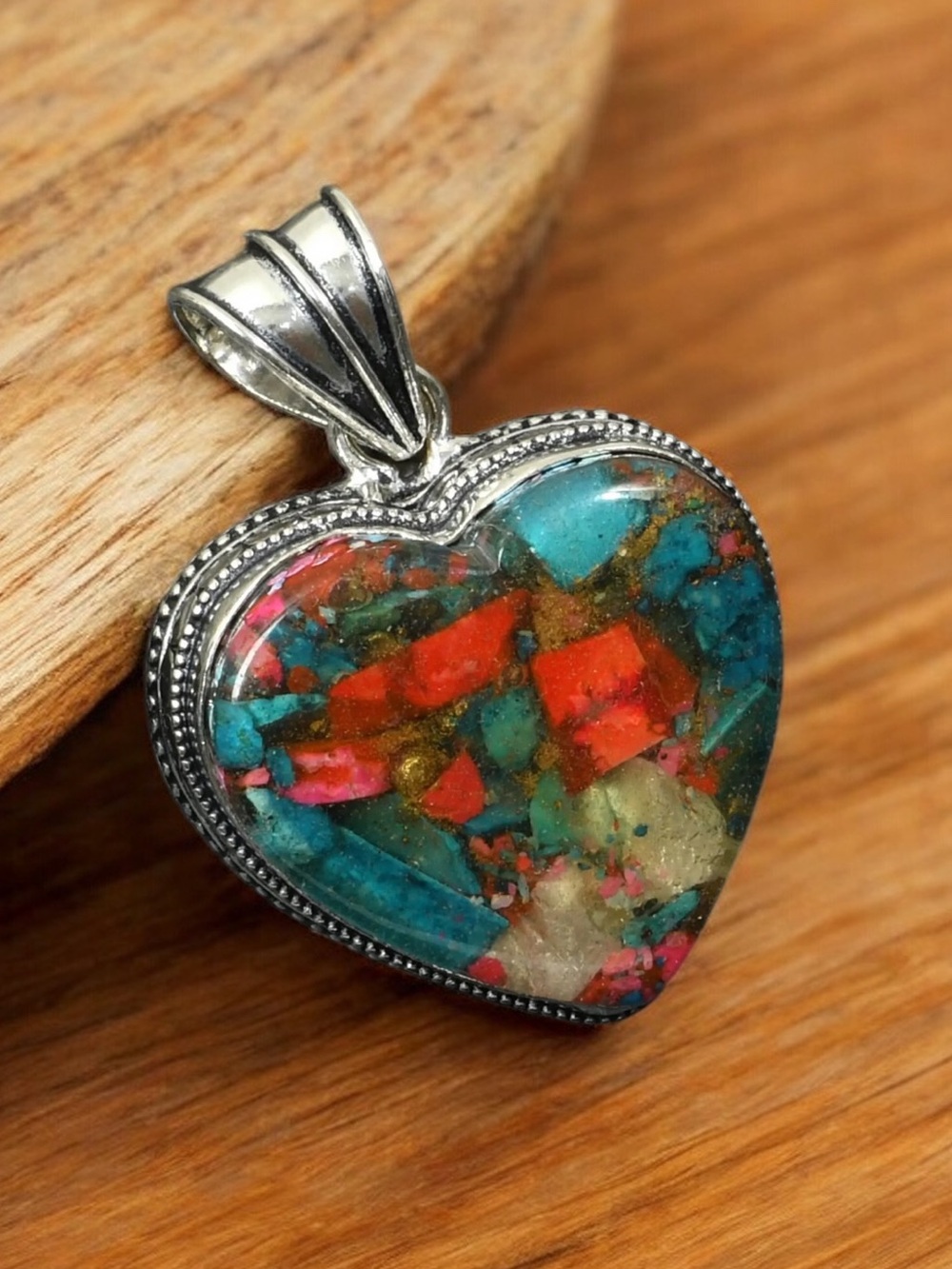 Spiny Oyster Turquoise Silver Heart Pendant
